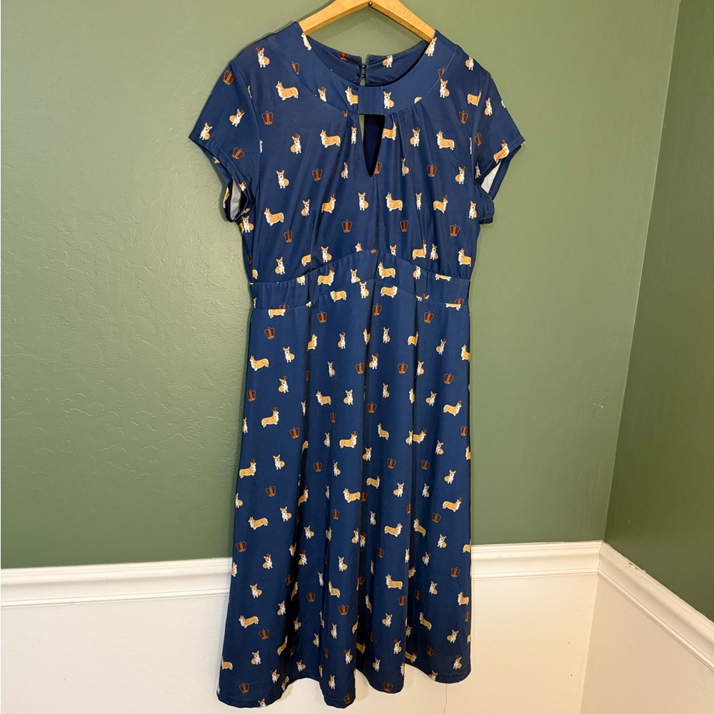 Lindy Bop Blue Midi Dress with Animal Print
